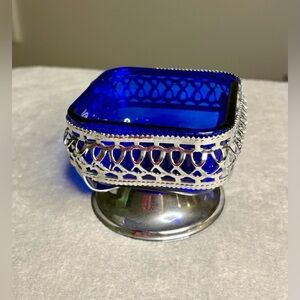 Royal Blue Glass Candle Holder with Silver Detailing